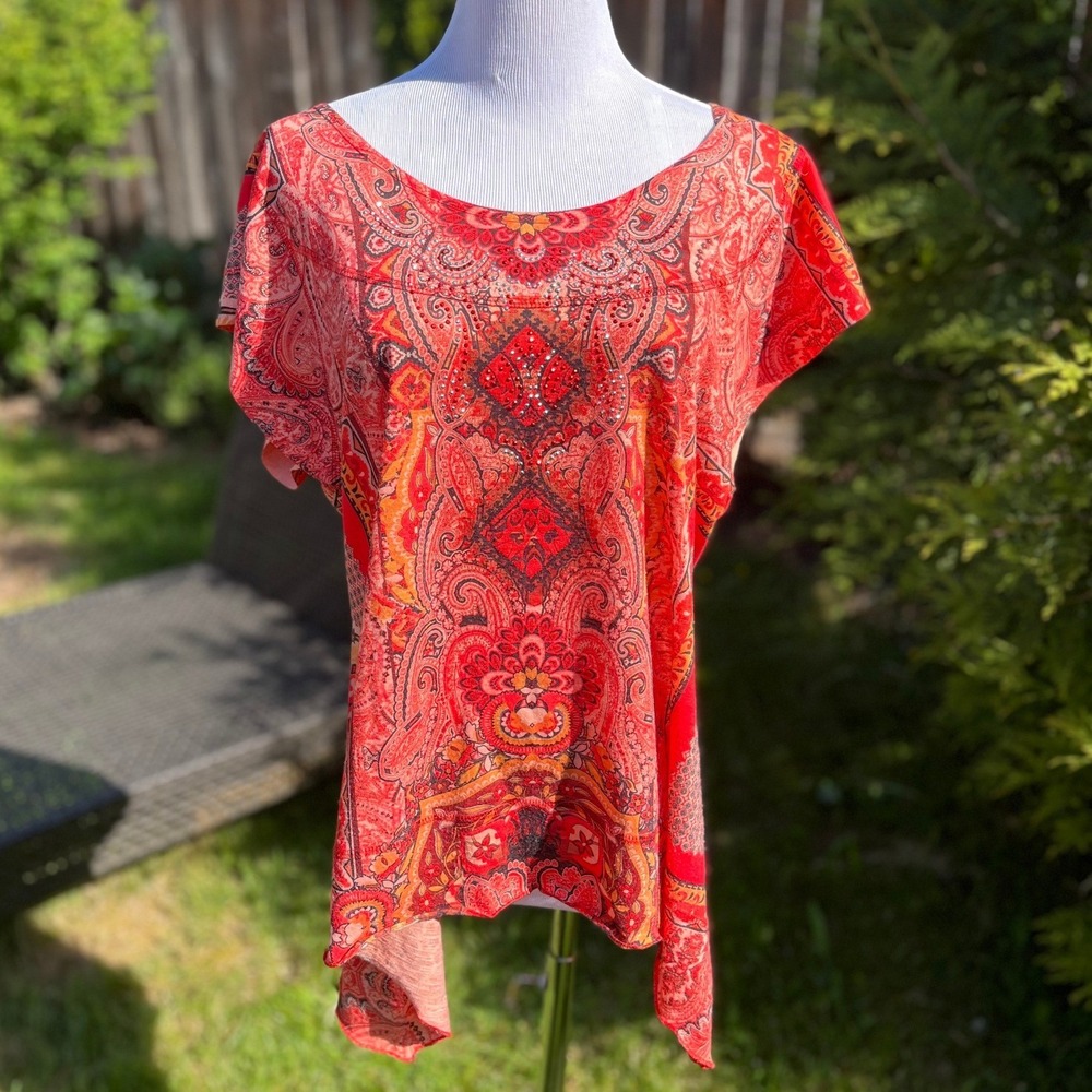 Unity World Wear Red Orange Paisley Rhinestone Sharkbite Top Blouse Large